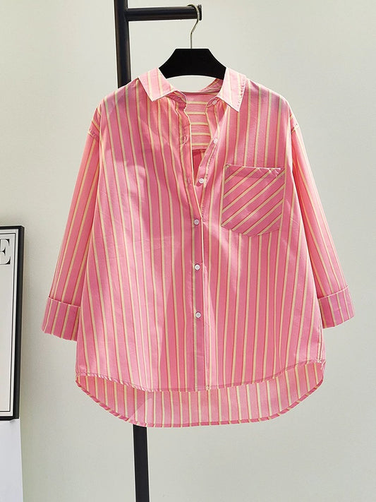 European style pink age-reducing striped cotton shirt for women spring and summer new Korean version loose single-breasted long-sleeved shirt