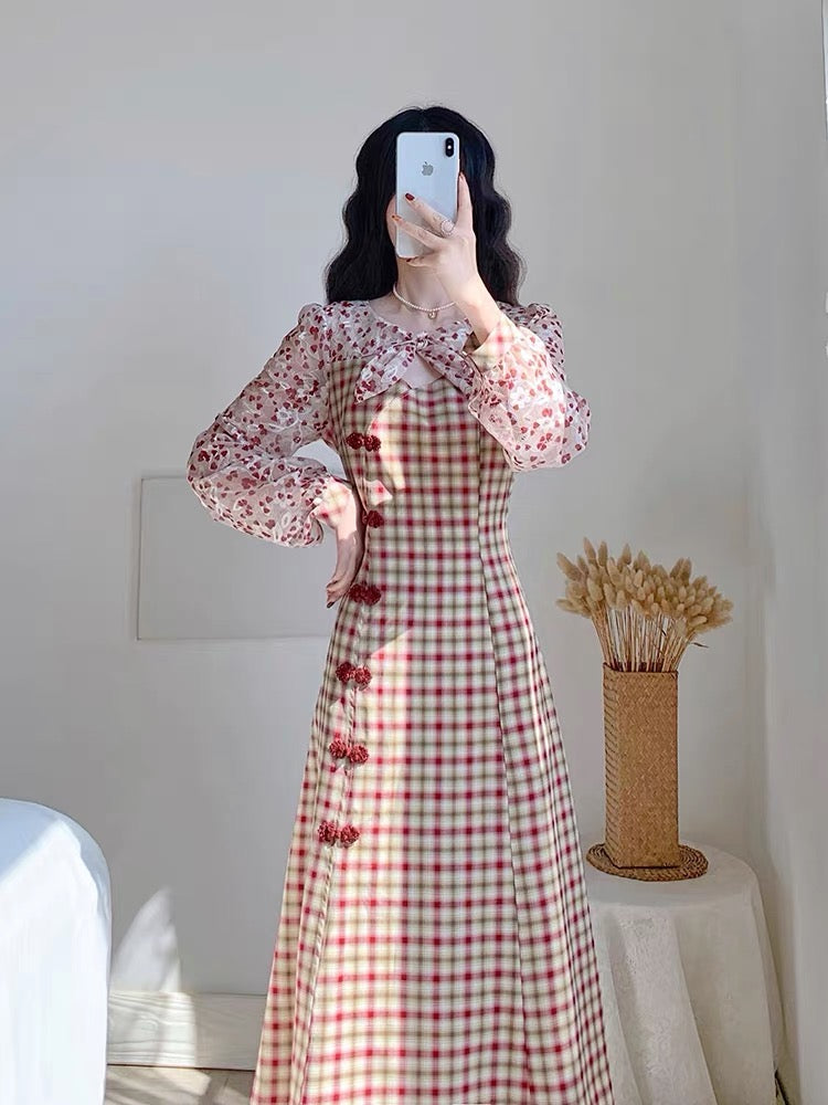 Autumn 2023 new women's skirt French niche design plaid improved cheongsam temperament long-sleeved dress