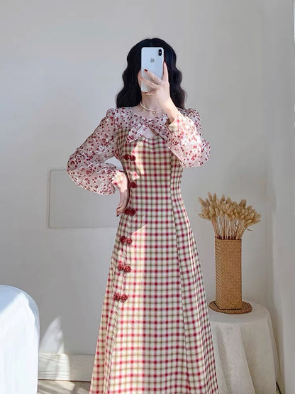 Autumn 2023 new women's skirt French niche design plaid improved cheongsam temperament long-sleeved dress