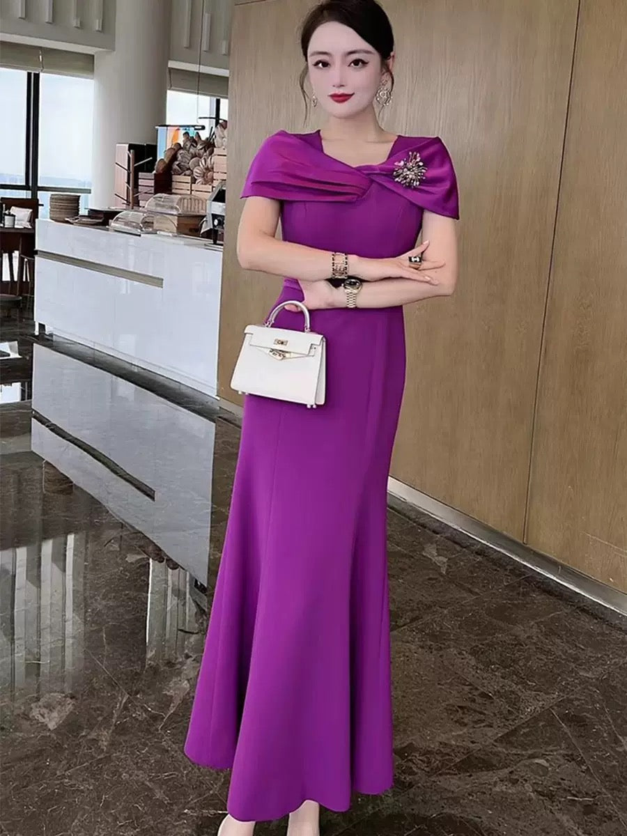 2024 Spring Elegant Feminine Slim Mermaid Banquet Dress Long Dress Noble Shoulder Goddess Dress