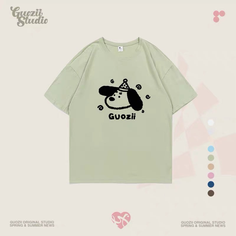 Guozii cute puppy raglan short-sleeved T-shirt female original design small oversize pure cotton top summer