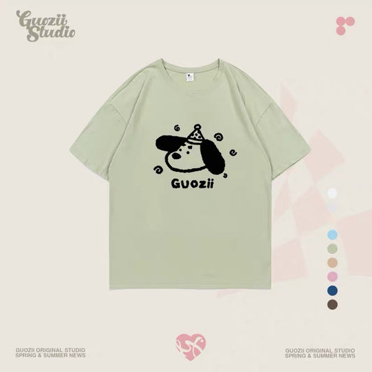 Guozii cute puppy raglan short-sleeved T-shirt female original design small oversize pure cotton top summer