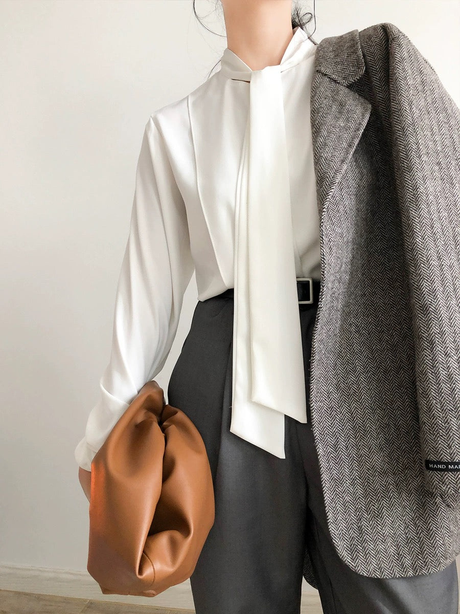 ACHU Elegant Bow White Chiffon Shirt Women's Lace-Up Workplace Commuting Shirt Professional French Formal Spring Wear