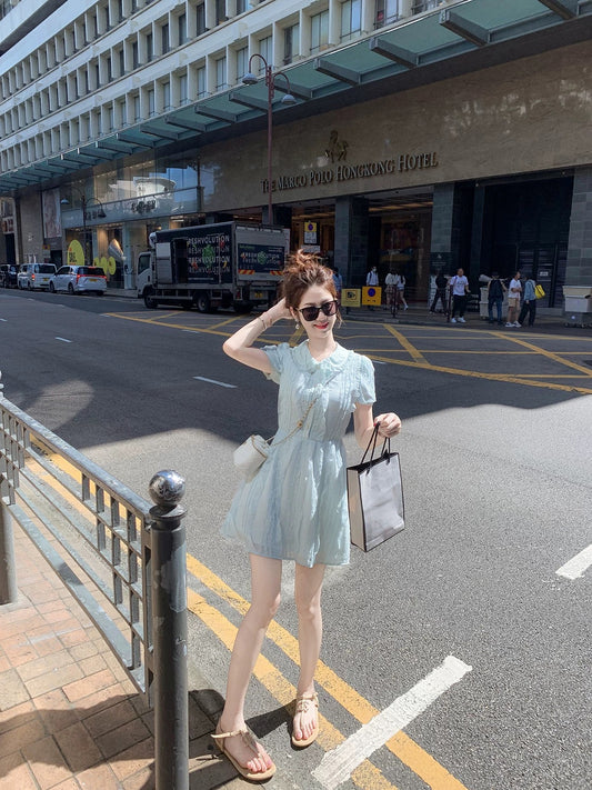 Fish Rabbit Rabbit French blue dress female summer 2024 new temperament slim chiffon short skirt