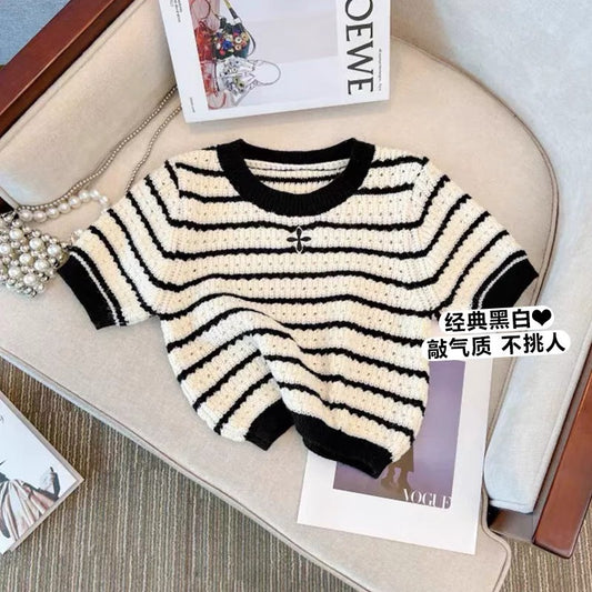 Striped knitted short-sleeved T-shirt for women summer 2023 new design niche hollow shirt short loose top V1161