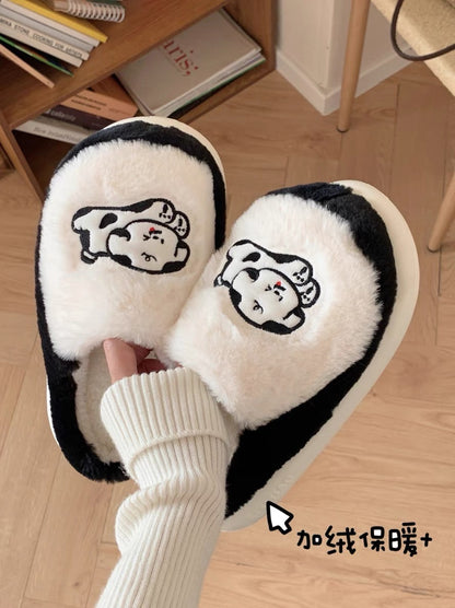 Thin strips Couple's cute black and white ins puppy cotton slippers for men and women in autumn and winter with heel and warm home confinement shoes