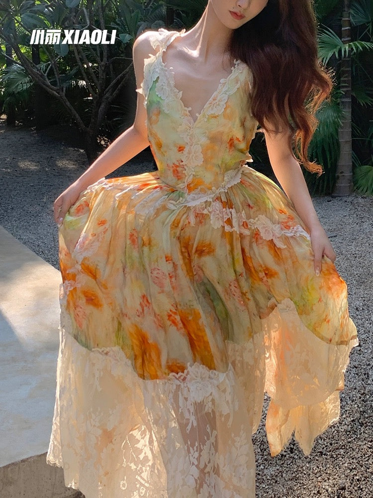 XIAOLI Morning Mist Silk Blended Floral Lace Suspender Dress Spring and Summer French High-end Exquisite Skirt