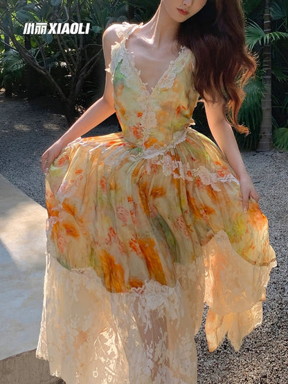 XIAOLI Morning Mist Silk Blended Floral Lace Suspender Dress Spring and Summer French High-end Exquisite Skirt
