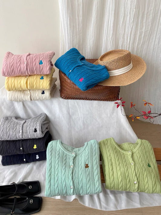 Women's Japanese/Korean-style retro cable-knit cardigan; soft, cozy, and versatile with a round neck and cute bear embroidery—perfect for autumn.