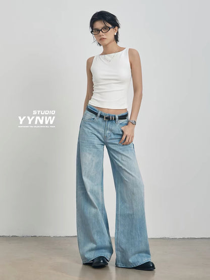 Women's American-style light blue wide-leg jeans (Summer 2026 new arrival): loose, slimming, casual floor-length style featuring distressed rips and abrasions.