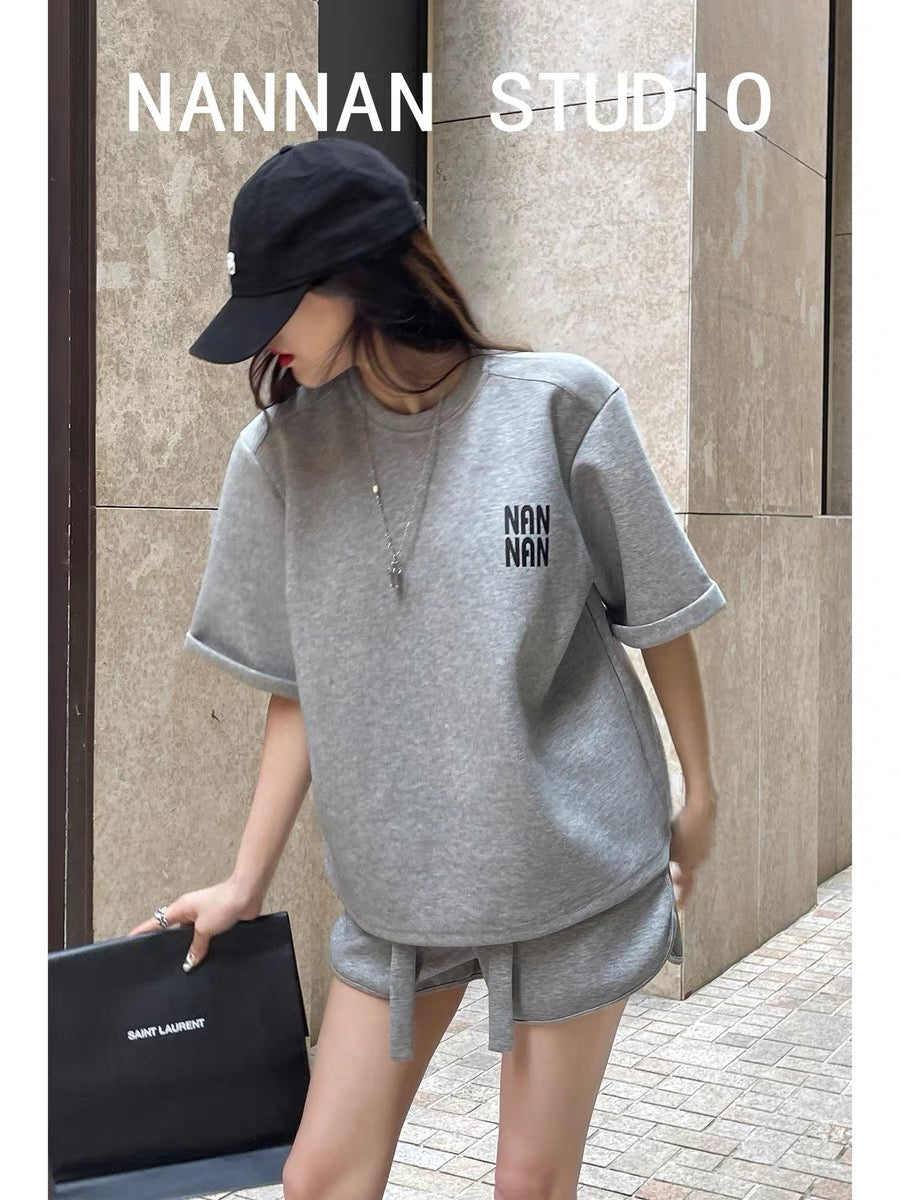 Comfortable! Summer street shooting casual sports short-sleeved T-shirt tops loose lazy wide-leg shorts two-piece set
