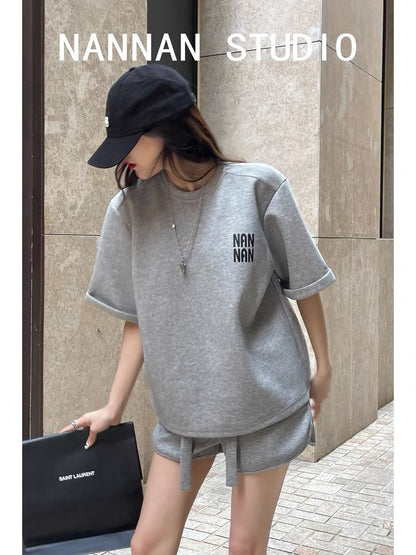 Comfortable! Summer street shooting casual sports short-sleeved T-shirt tops loose lazy wide-leg shorts two-piece set