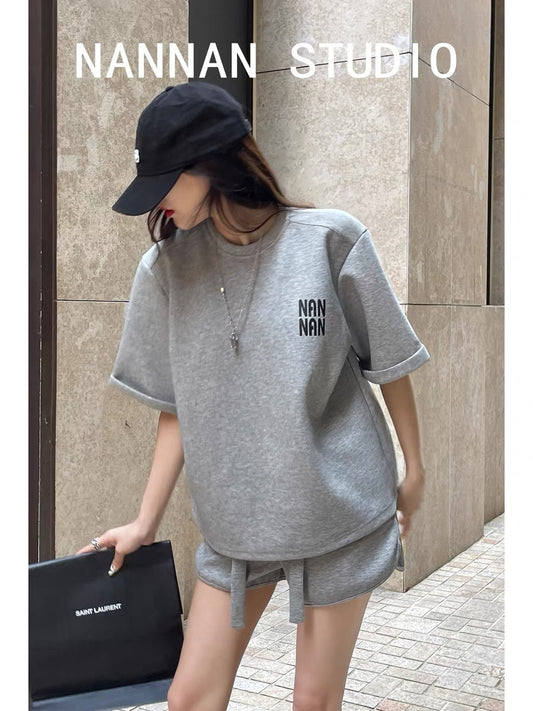 Comfortable! Summer street shooting casual sports short-sleeved T-shirt tops loose lazy wide-leg shorts two-piece set