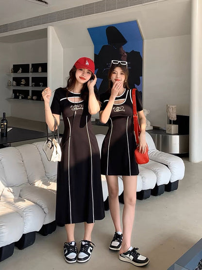 Mr. Zhang 2023 new summer plus size women's sexy dress hollow contrasting color temperament best friend little black skirt women (D547)