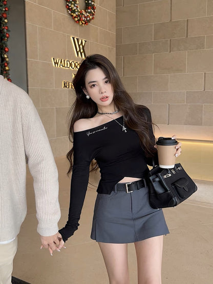 Qiu Rouyao Autumn new solid color short skirt A-line design sexy butt-covering sweet and slimming skirt for petite women (S0152)