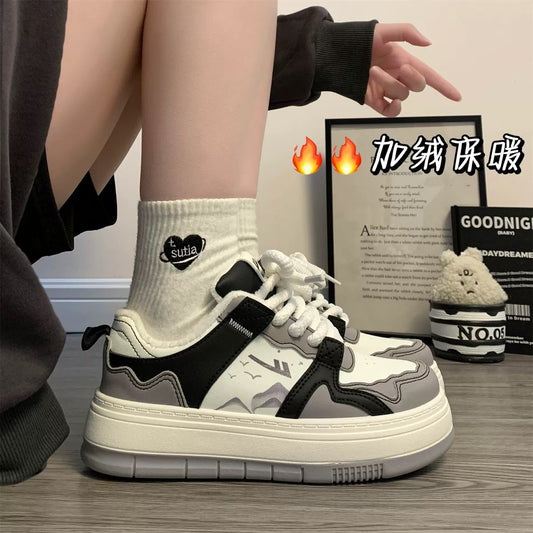 Pull back plus velvet women's shoes ink painting original sneakers for women 2023 winter new casual thickened warm two-cotton shoes