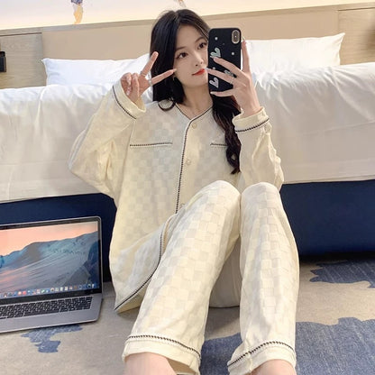 Pajamas women summer cardigan long-sleeved trousers suit summer ladies 2024 new cartoon spring autumn winter home clothes