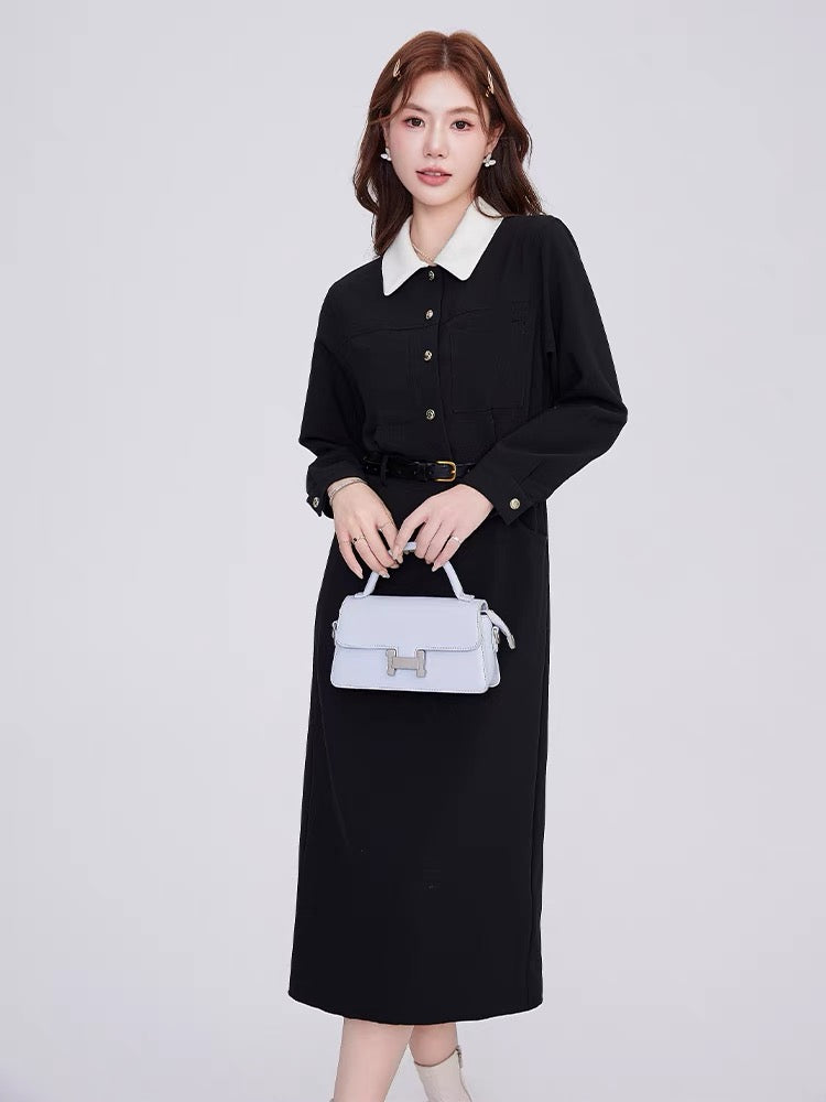 Volstagg blue French style dress women's autumn high-end long-sleeved waist long skirt comes with belt