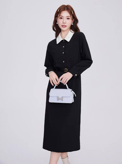 Volstagg blue French style dress women's autumn high-end long-sleeved waist long skirt comes with belt