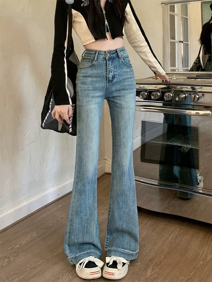 Retro micro-flare jeans for women in autumn, slim-fitting, high-waisted horse hoof pants, floor-length trousers, high street pants, trendy