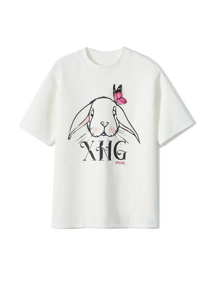 [TXB681185MG] Sweet and cool rabbit print T-shirt PINK butterfly embroidery ~ cotton elastic short sleeve versatile top