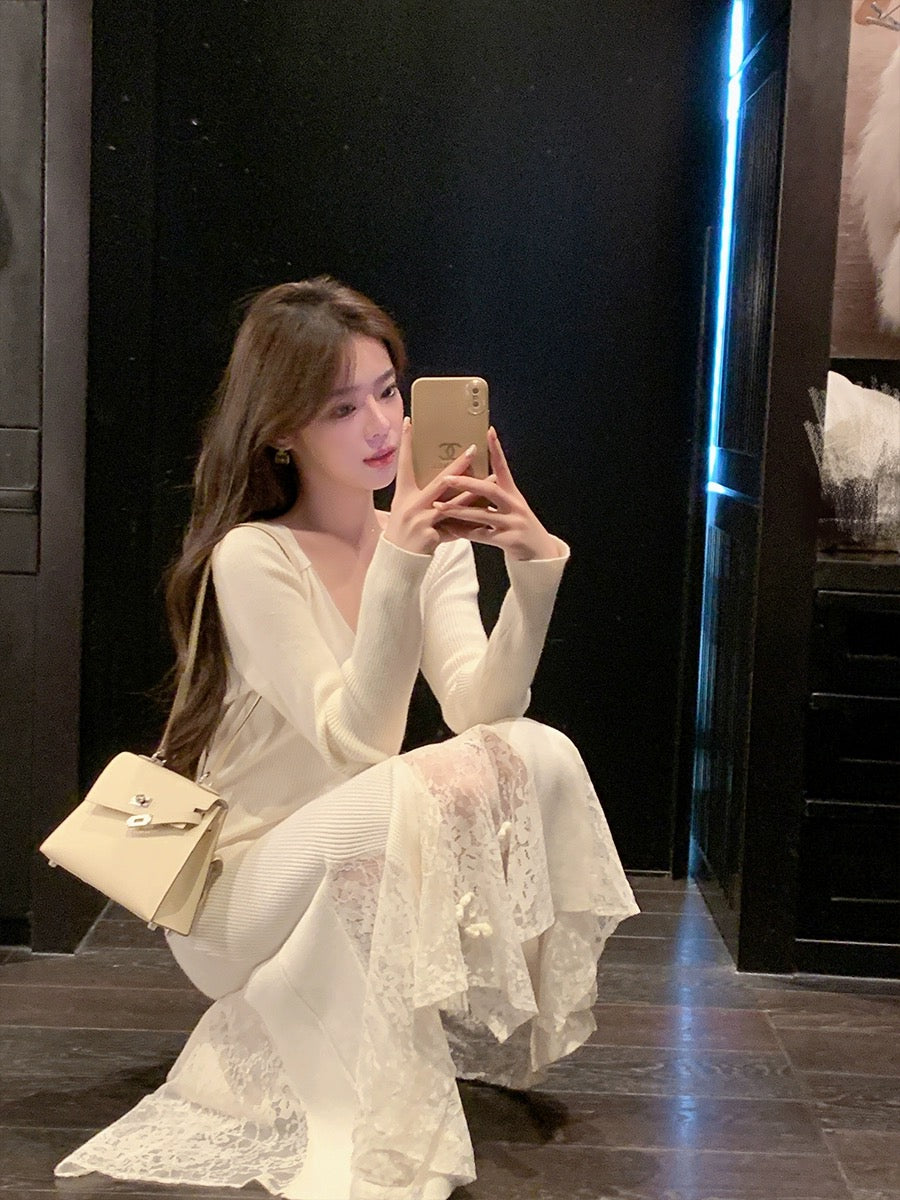 ByYou2024 Spring V-neck long-sleeved spliced lace white rabbit velvet knitted dress long inner sweater skirt