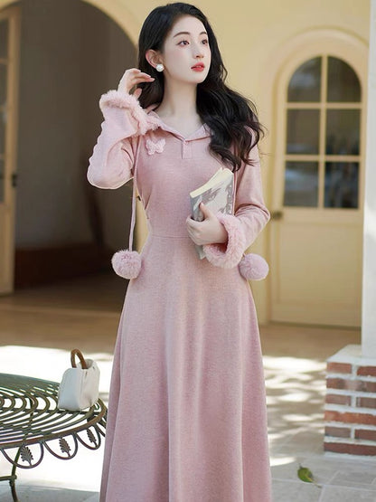 Gentle style French temperament fur collar hooded dress for women winter slim waist slimming inner long skirt