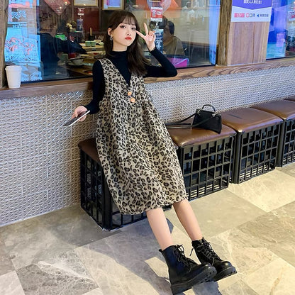 Maternity Autumn Suit Fashionable and High-Level Leopard Print Suspender Dress Small Maternity Sweater Two-piece Autumn and Winter Set