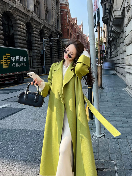 High-end double-sided cashmere coat women's mid-length 2023 autumn and winter new temperament loose waisted woolen coat