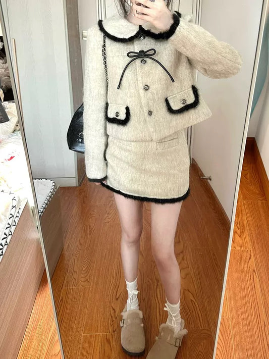 Small fragrant bow contrast color coat two-piece set for women 2023 autumn and winter high-waisted skirt high-end western style suit T9696