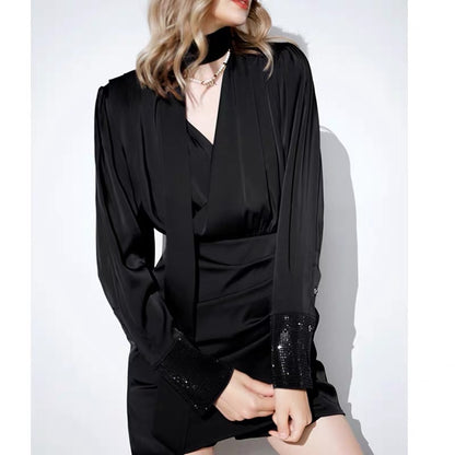 High-end satin dress, feminine v-neck long-sleeved retro little black dress, autumn and winter bottoming dress, annual party dress (V8817)