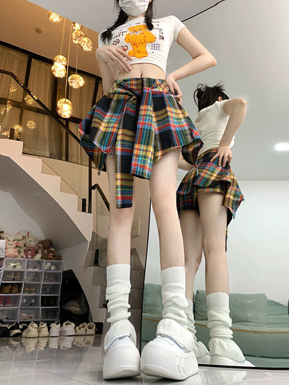 American high street jazz dance hip-hop irregular plaid skirt female summer hot girl A-line skirt pants short skirt