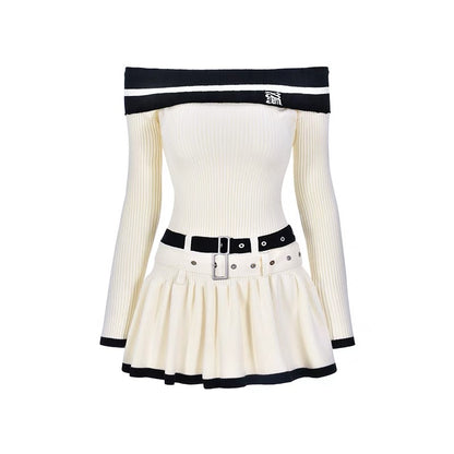 AGAM original design sweet and pure style high-end color matching one-shoulder double-belt dress 2023 early autumn new style