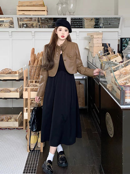 Plus size Hepburn style 2023 autumn two-piece short motorcycle pu leather jacket + waist black dress for women (S0970)