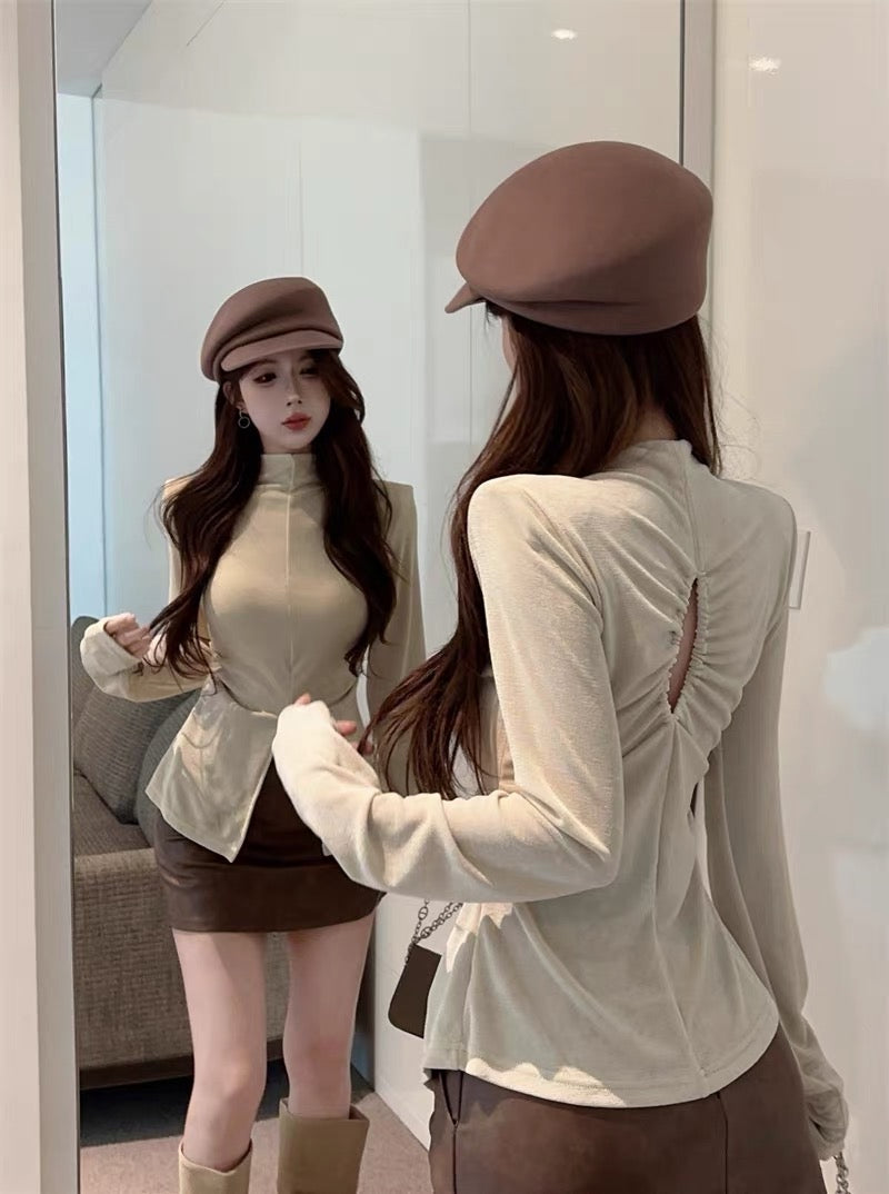 French Spice Girl Half High Collar Slim Bottom Shirt Women's Spring and Autumn Inner Wear Design Sense Niche Slit Long Sleeve T-Shirt Top