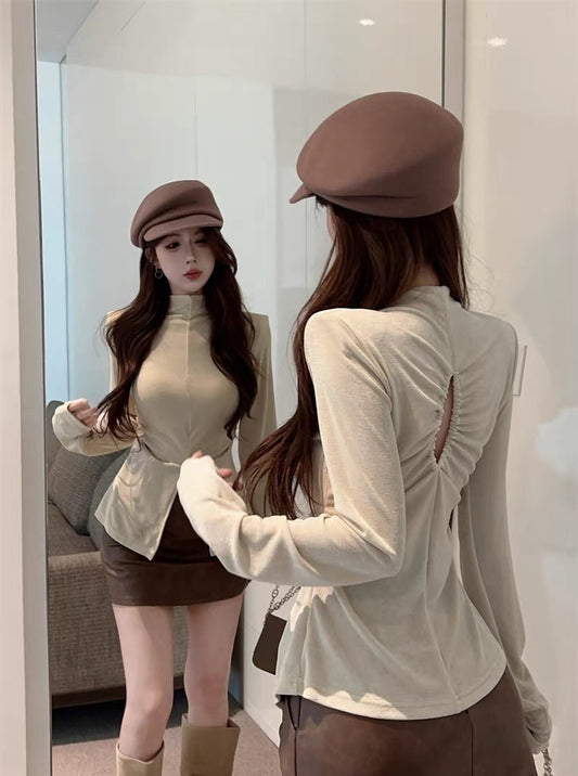French Spice Girl Half High Collar Slim Bottom Shirt Women's Spring and Autumn Inner Wear Design Sense Niche Slit Long Sleeve T-Shirt Top