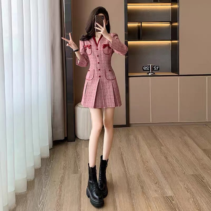 2023 New Women's Clothing Autumn Temperament Celebrity Slim High-Quality Red Small Fragrance Style Tweed Dress Women's Autumn