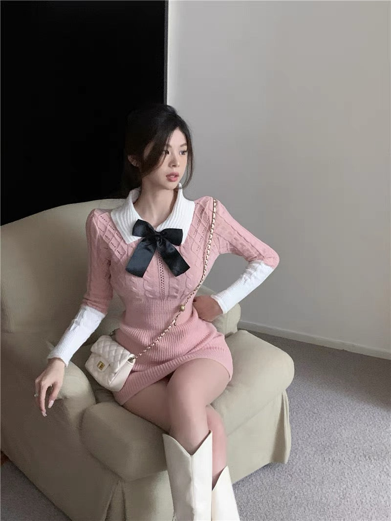 Sweet color-blocked polo collar knitted dress for women, spring style long-sleeved short skirt, high-waisted slim-fitting one-step hip skirt