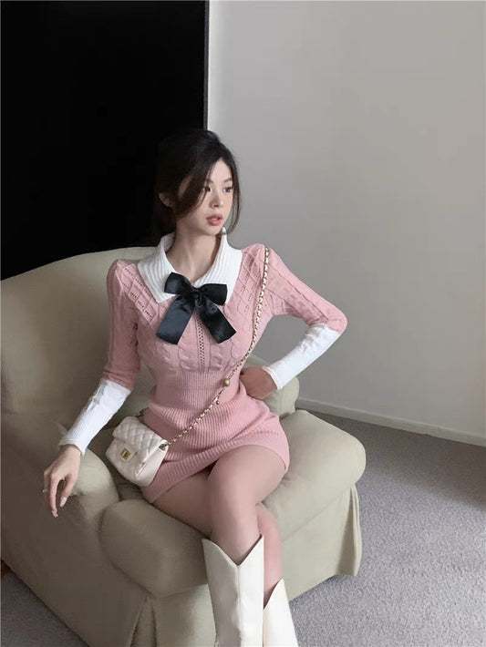 Sweet color-blocked polo collar knitted dress for women, spring style long-sleeved short skirt, high-waisted slim-fitting one-step hip skirt