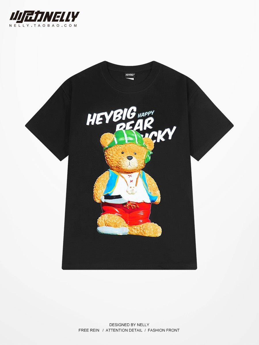 Pure cotton short-sleeved T-shirt for boys 2024 summer new American cartoon bear heavy loose casual round neck half sleeve