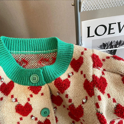 Early autumn heavy industry diamond-encrusted fashionable contrasting color three-dimensional love single-breasted sweater cardigan for women with a stylish round neck knitted top
