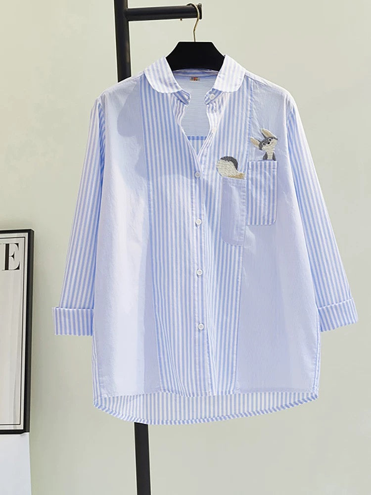 Childlike squirrel embroidered cotton shirt for women 2024 spring and summer new long-sleeved loose striped stitching casual shirt trend