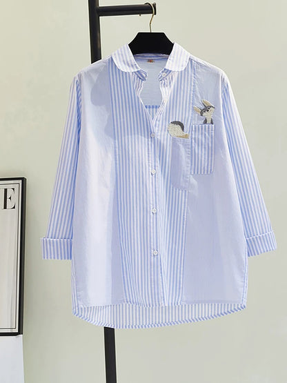 Childlike squirrel embroidered cotton shirt for women 2024 spring and summer new long-sleeved loose striped stitching casual shirt trend