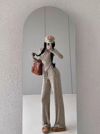YoungGirlDay pure lust style slim-fitting long-sleeved T-shirt high-waisted drawstring casual pants floor-length trousers suit (B1812)
