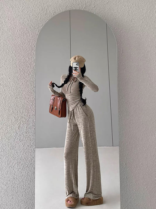 YoungGirlDay pure lust style slim-fitting long-sleeved T-shirt high-waisted drawstring casual pants floor-length trousers suit (B1812)