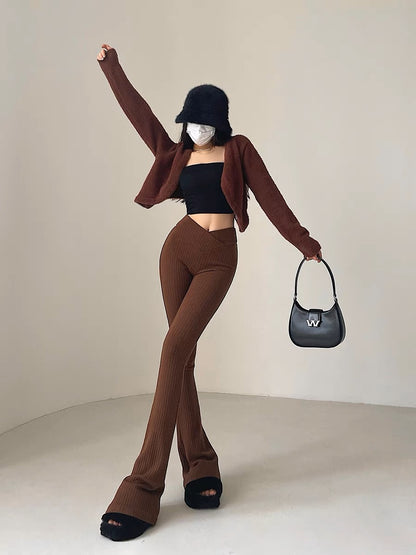 YoungGirlDay European and American high-waisted V-shaped waist tight slightly flared leg-length knitted casual pants floor-length trousers (B1815)