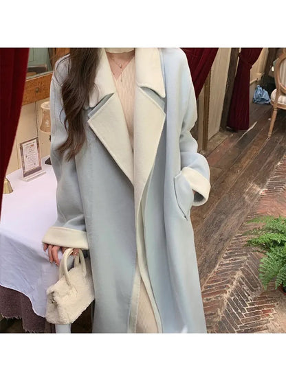 YIYI WANG Korean drama heroine appears~Sea salt blue and white double-layer lapel wool double-sided woolen coat for women