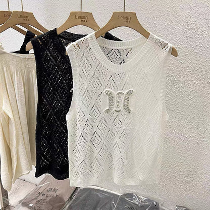 Spice girl hollow vest female design sense niche summer loose thin section outer wear round neck knitted vest sleeveless top