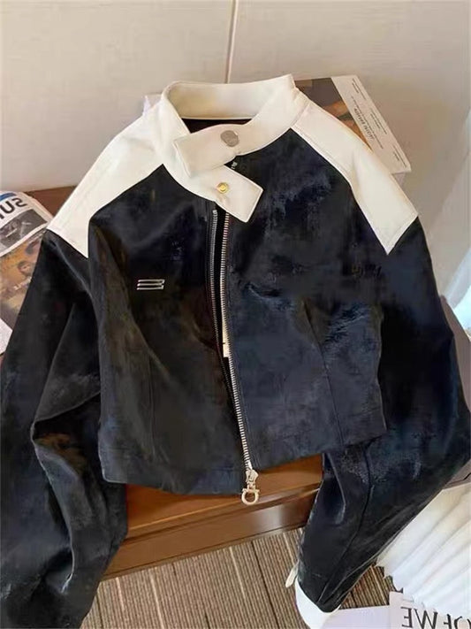 American street style color contrast stitching stand collar baseball uniform jacket men and women spring and autumn loose casual zipper jacket tops