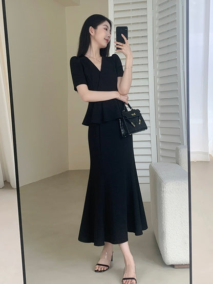 FT GUOGE black dress female 2024 summer new fake two-piece temperament slim V-neck long skirt